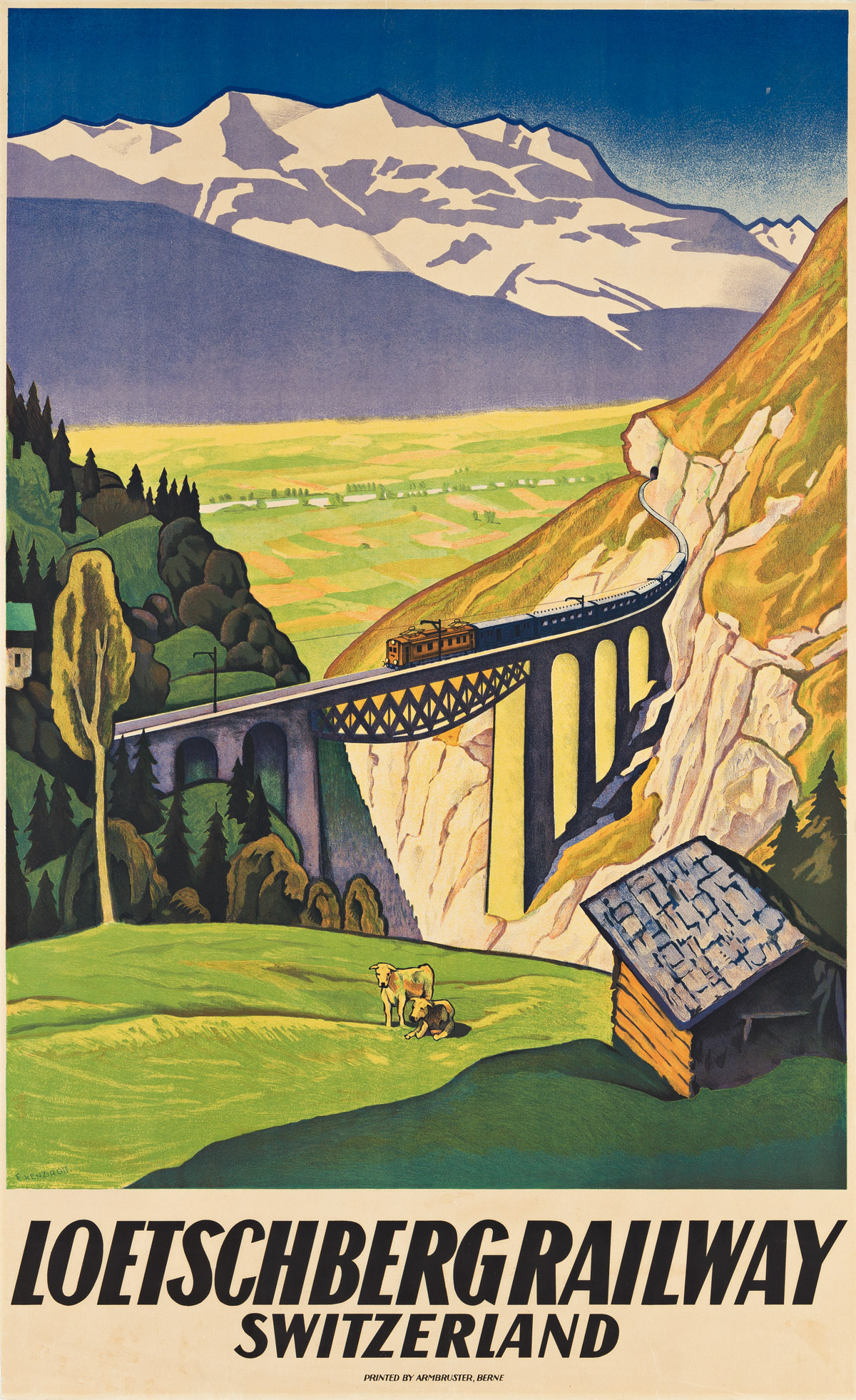 EUGEN HENZIROSS (1877-1961).  LOETSCHBERG RAILWAY / SWITZERLAND. 1931. 39x23¾ inches, 99x60¼ cm. Armbruster, Bern.